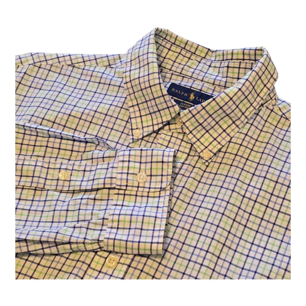 Ralph Lauren Button Down Shirt Mens Size XL Blue/Green Plaid Classic Fit Preppy - Picture 2 of 15